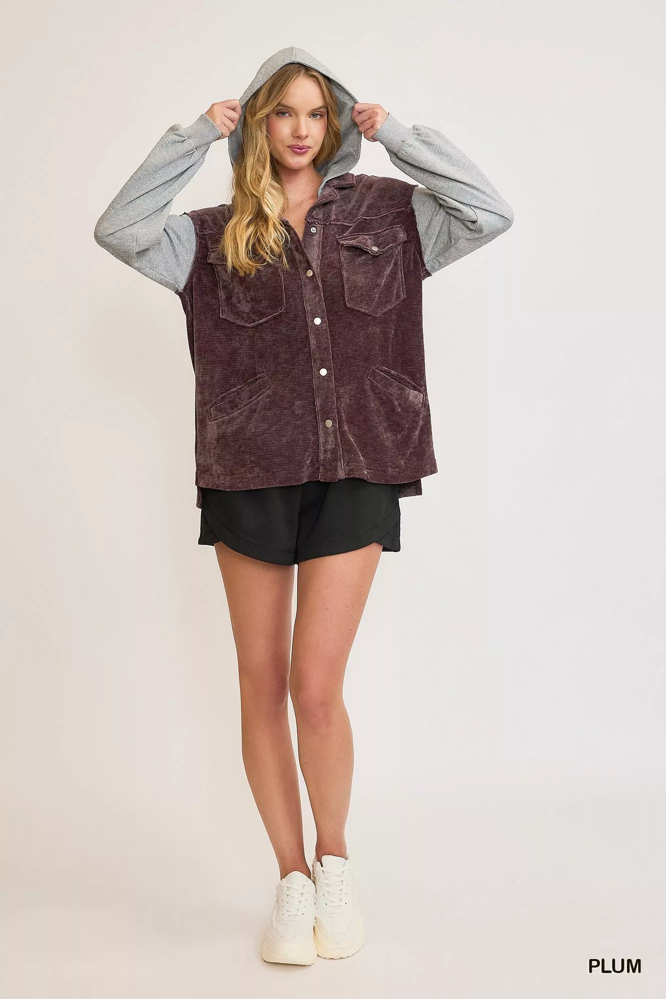 Umgee Contrast Hooded Chenille Jacket-Coats & Jackets-Trendsi-[option4]-[option5]-[option6]-[option7]-[option8]-Shop-Boutique-Clothing-for-Women-Online