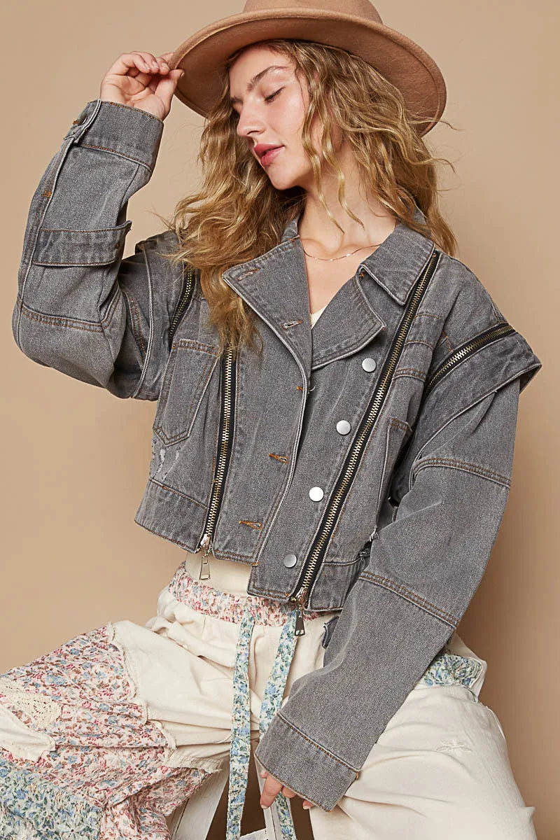 POL Cropped Denim Jacket with Functional Zipper Detail-Coats & Jackets-Trendsi-[option4]-[option5]-[option6]-[option7]-[option8]-Shop-Boutique-Clothing-for-Women-Online