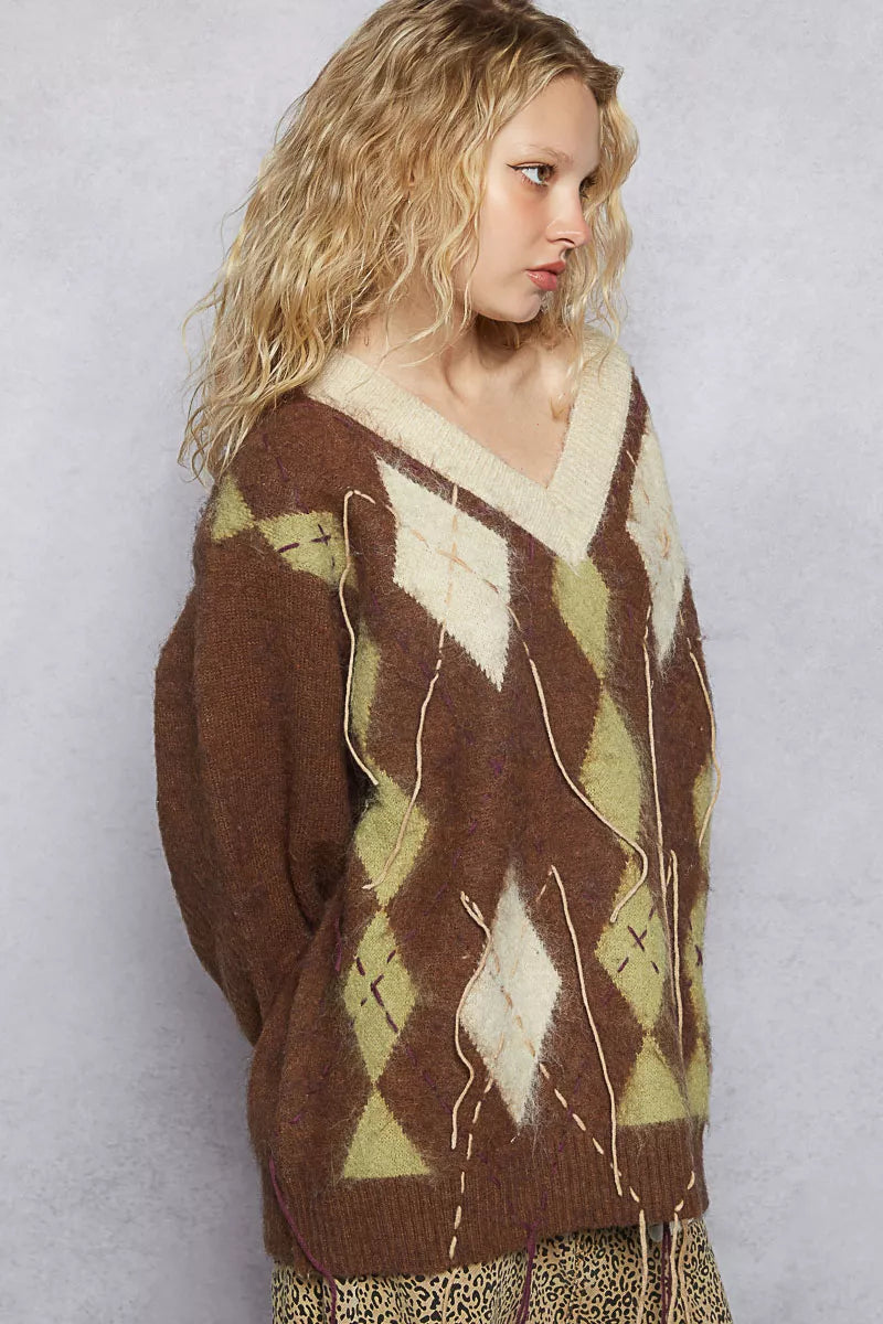 POL V-Neck Argyle Pattern Mohair Sweater with Contrast Exposed Stitch Detail-sweater-Trendsi-[option4]-[option5]-[option6]-[option7]-[option8]-Shop-Boutique-Clothing-for-Women-Online