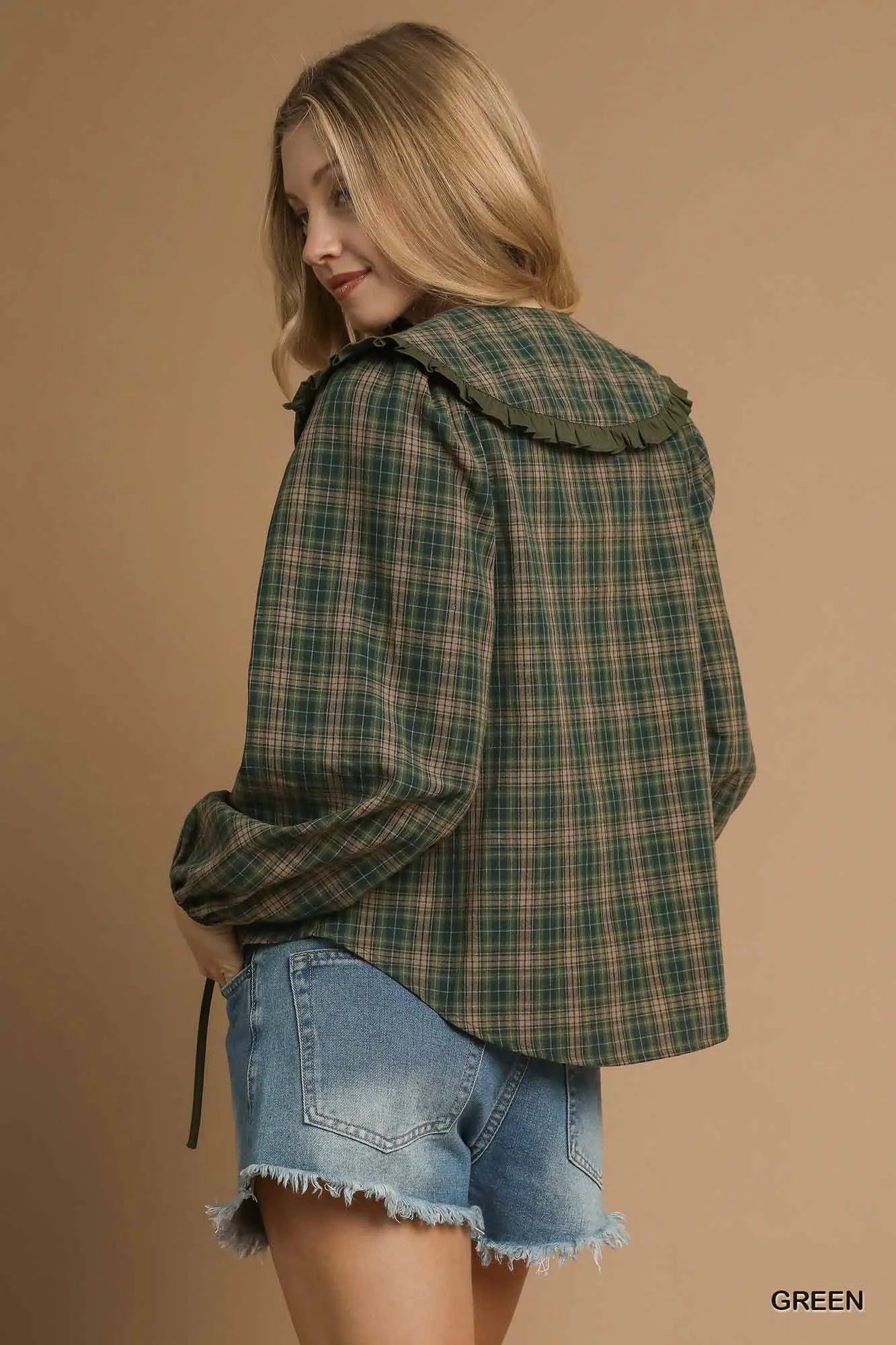 Umgee Full Size Plaid Ruffle Collar Blouse-Blouses-Trendsi-[option4]-[option5]-[option6]-[option7]-[option8]-Shop-Boutique-Clothing-for-Women-Online