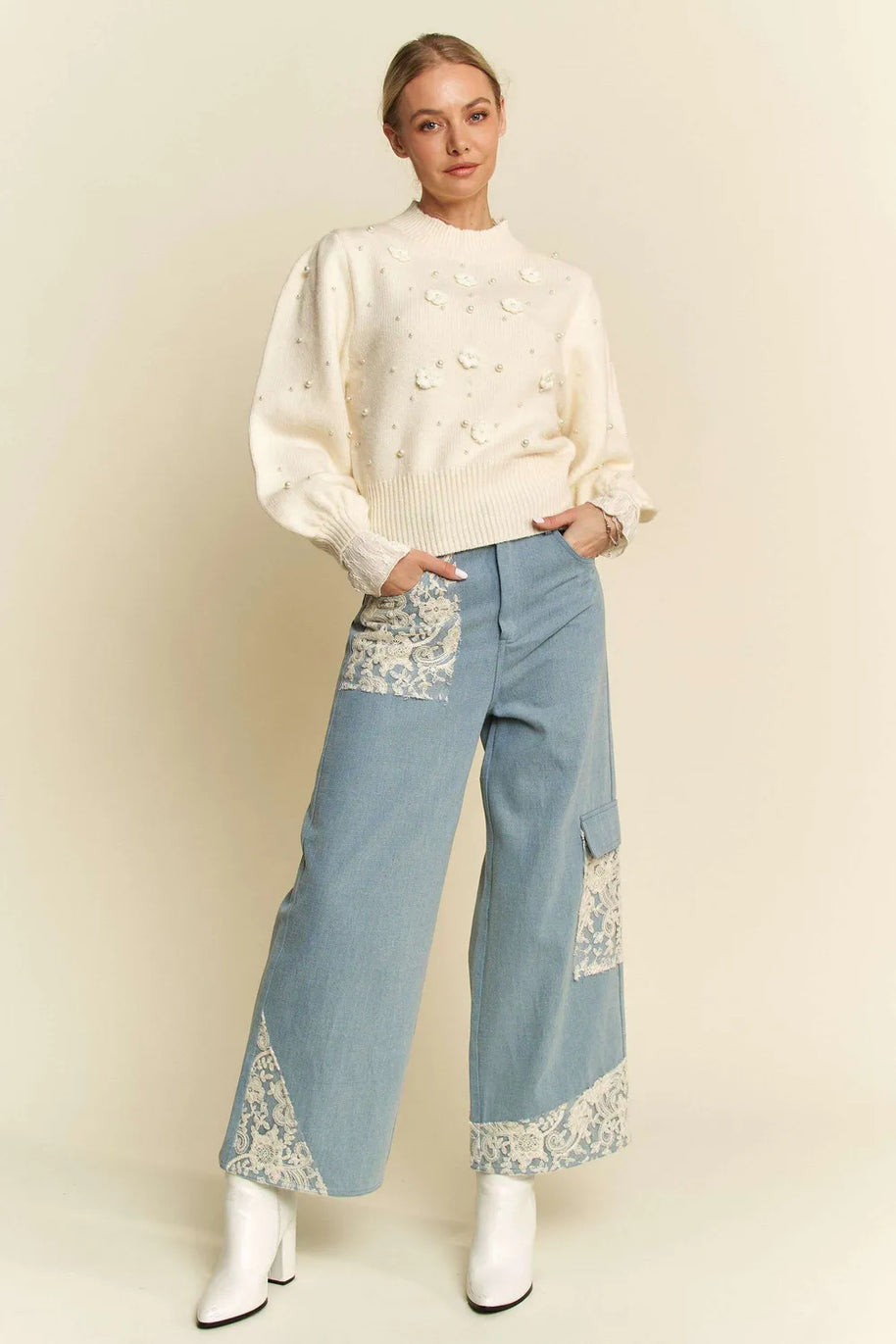 Davi & Dani Lace Applique Wide Leg Jeans-Jeans-Trendsi-[option4]-[option5]-[option6]-[option7]-[option8]-Shop-Boutique-Clothing-for-Women-Online