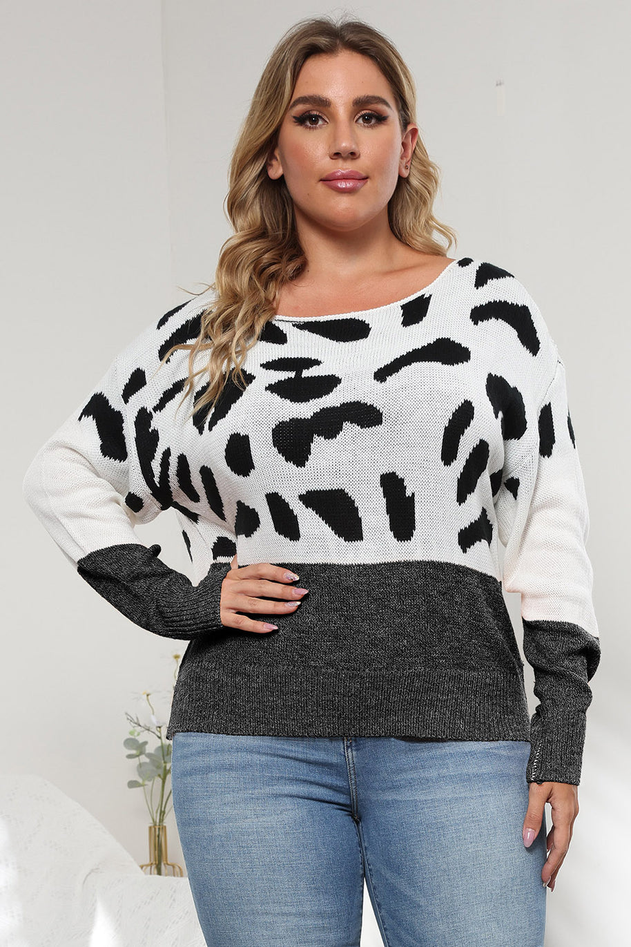 Plus Size Leopard Round Neck Long Sleeve Sweater-Sweaters-Trendsi-Black-L-[option4]-[option5]-[option6]-[option7]-[option8]-Shop-Boutique-Clothing-for-Women-Online