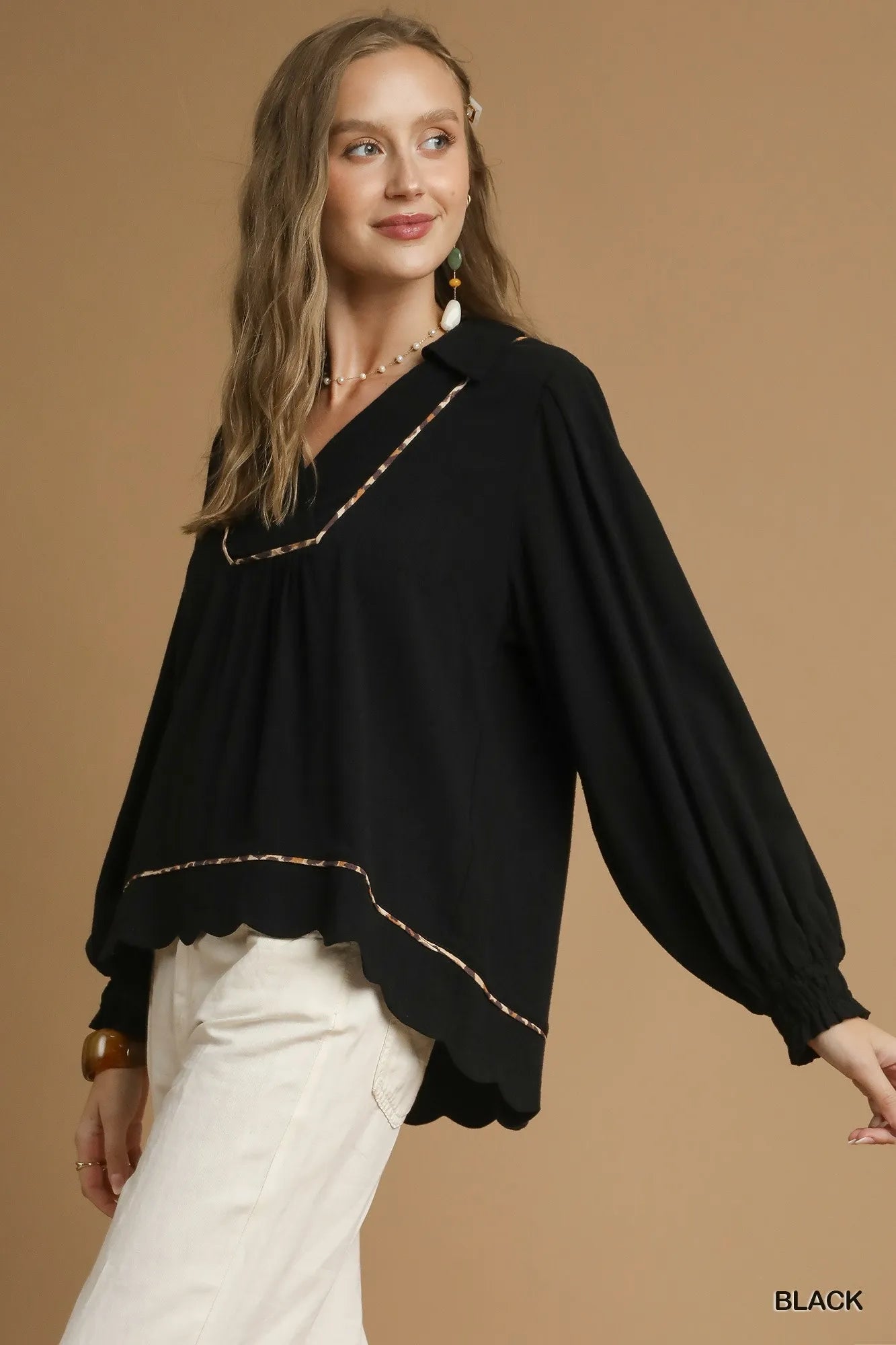 Linen Scallop Hem Blouse with Contrast Trim-Blouses-Trendsi-[option4]-[option5]-[option6]-[option7]-[option8]-Shop-Boutique-Clothing-for-Women-Online