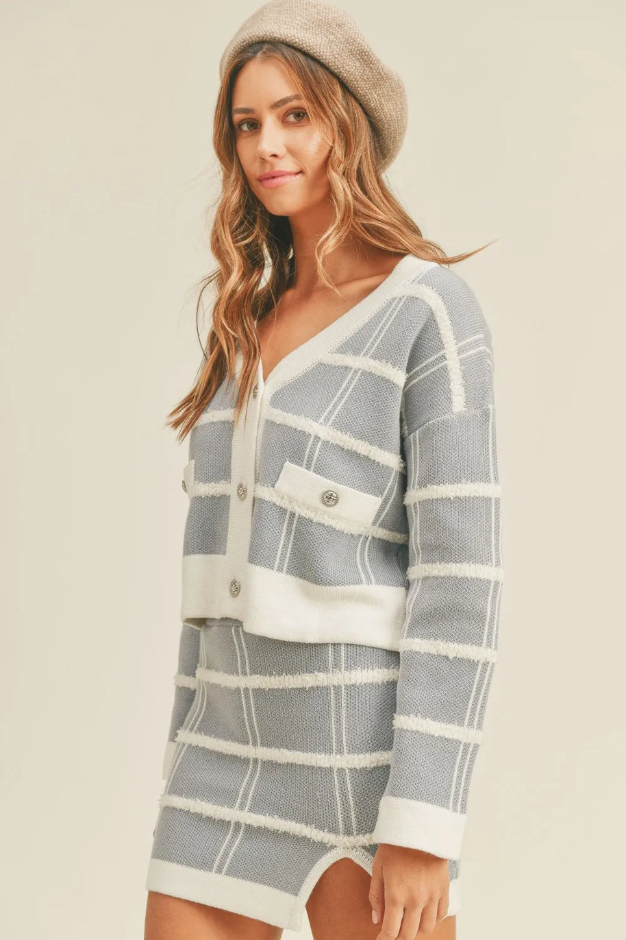 MABLE Plaid Button Down Sweater Cardigan and Mini Skirt Set-Sets-Trendsi-Dusty Blue-S-[option4]-[option5]-[option6]-[option7]-[option8]-Shop-Boutique-Clothing-for-Women-Online