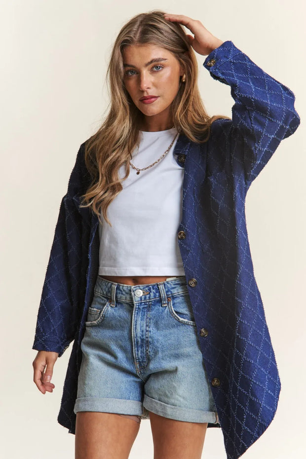 J.NNA Rhombus Stitched Button Up Denim Shacket-Womens Outerwear/Shacket-Trendsi-Dark Denim-S-[option4]-[option5]-[option6]-[option7]-[option8]-Shop-Boutique-Clothing-for-Women-Online