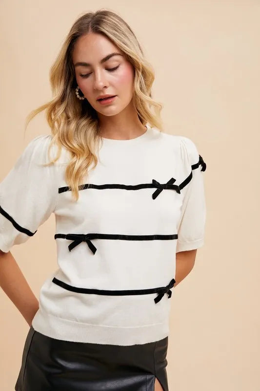 Annie Wear Striped Bow Round Neck Knit Top-knit top-Trendsi-White-S-[option4]-[option5]-[option6]-[option7]-[option8]-Shop-Boutique-Clothing-for-Women-Online