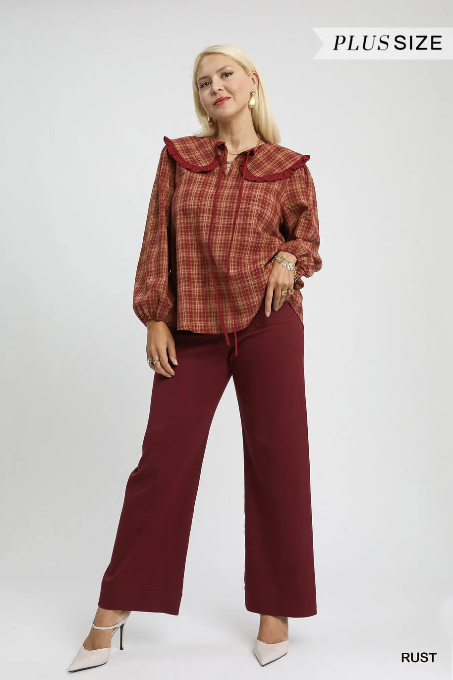 Umgee Full Size Plaid Ruffle Collar Blouse-Blouses-Trendsi-[option4]-[option5]-[option6]-[option7]-[option8]-Shop-Boutique-Clothing-for-Women-Online