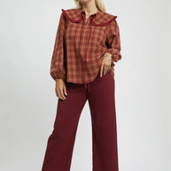 Umgee Full Size Plaid Ruffle Collar Blouse-Blouses-Trendsi-[option4]-[option5]-[option6]-[option7]-[option8]-Shop-Boutique-Clothing-for-Women-Online
