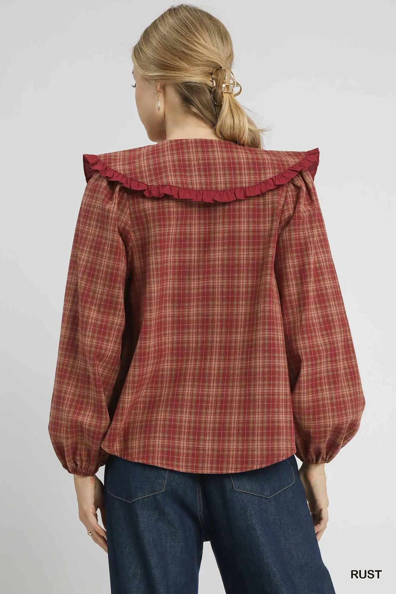 Umgee Full Size Plaid Ruffle Collar Blouse-Blouses-Trendsi-[option4]-[option5]-[option6]-[option7]-[option8]-Shop-Boutique-Clothing-for-Women-Online