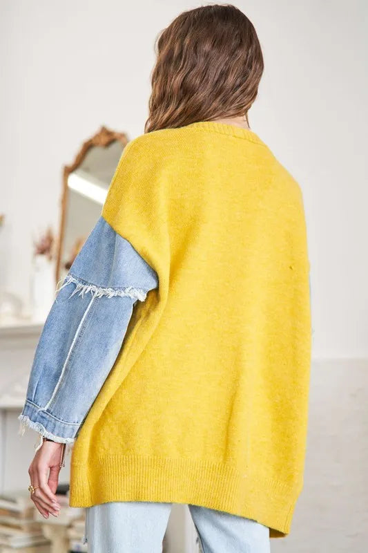 ADORA Full Size Frayed Denim Sleeve Sweater Cardigan-Coats & Jackets-Trendsi-[option4]-[option5]-[option6]-[option7]-[option8]-Shop-Boutique-Clothing-for-Women-Online