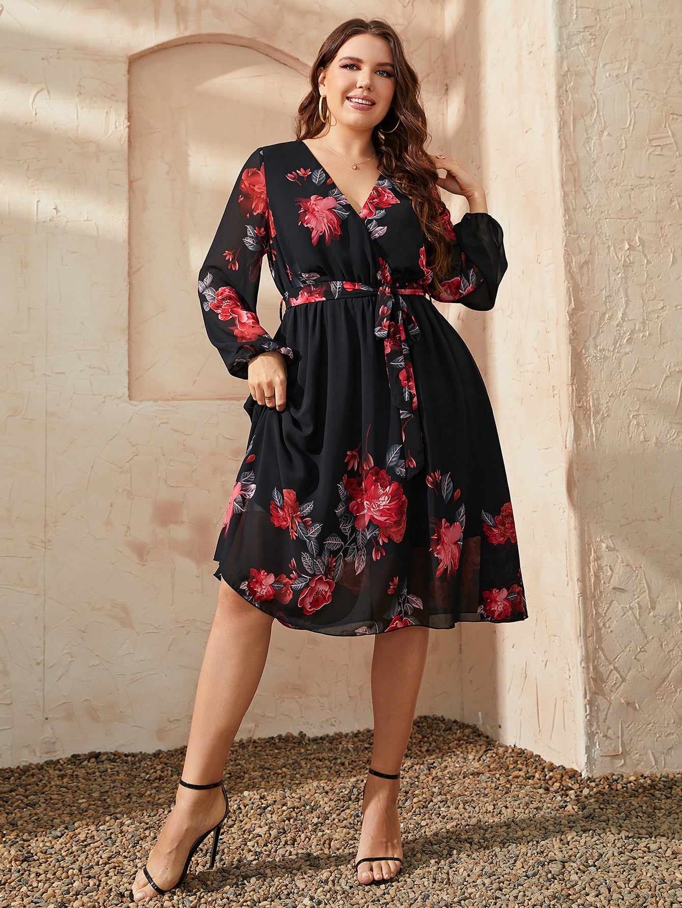 Honey Plus Size Floral Surplice Neck Tie Waist Dress-Dresses-Trendsi-[option4]-[option5]-[option6]-[option7]-[option8]-Shop-Boutique-Clothing-for-Women-Online