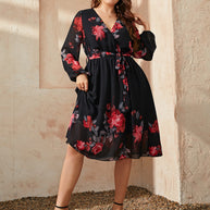 Honey Plus Size Floral Surplice Neck Tie Waist Dress-Dresses-Trendsi-[option4]-[option5]-[option6]-[option7]-[option8]-Shop-Boutique-Clothing-for-Women-Online