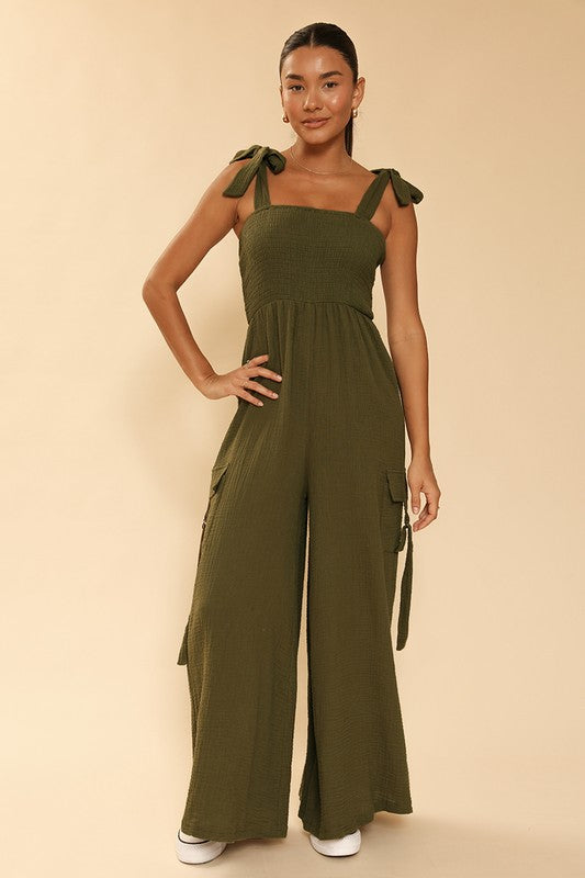 Smocked wide leg cargo jumpsuit-Miss Sparkling-Olive-S-[option4]-[option5]-[option6]-[option7]-[option8]-Shop-Boutique-Clothing-for-Women-Online