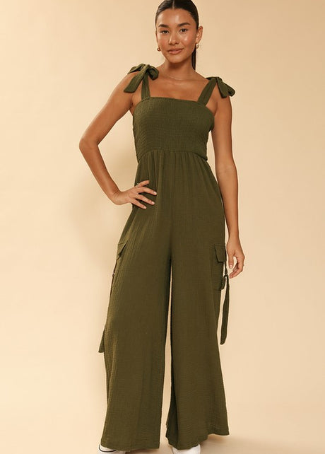 Smocked wide leg cargo jumpsuit-Miss Sparkling-Olive-S-[option4]-[option5]-[option6]-[option7]-[option8]-Shop-Boutique-Clothing-for-Women-Online