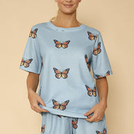 Novelty printed waffle pajama/ lounge shorts set-Miss Sparkling-Blue monarch-S-[option4]-[option5]-[option6]-[option7]-[option8]-Shop-Boutique-Clothing-for-Women-Online
