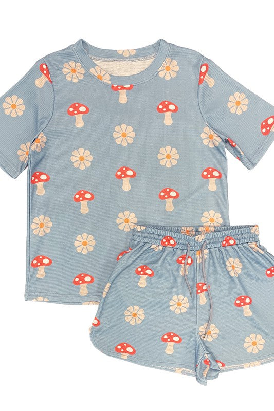 Novelty printed waffle pajama/ lounge shorts set-Miss Sparkling-Mushroom floral-S-[option4]-[option5]-[option6]-[option7]-[option8]-Shop-Boutique-Clothing-for-Women-Online