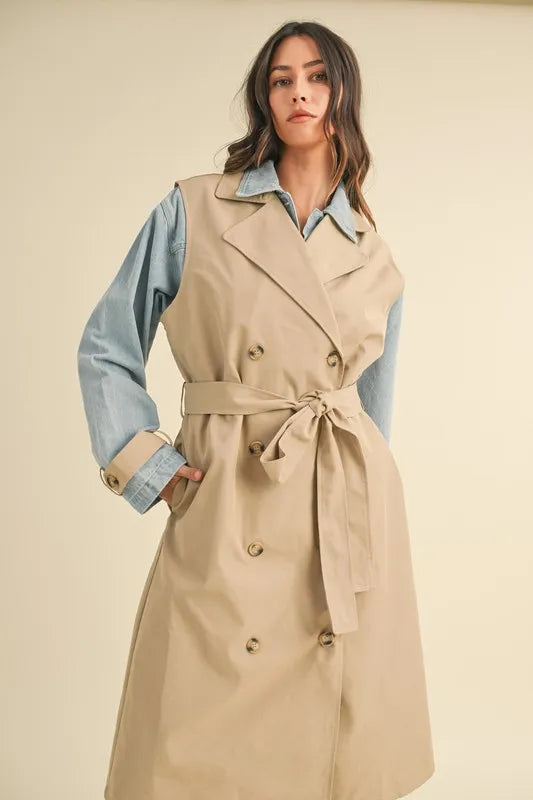 MABLE Layered Look Trench Coat With Denim Jacket-Coats & Jackets-Trendsi-Taupe-S-[option4]-[option5]-[option6]-[option7]-[option8]-Shop-Boutique-Clothing-for-Women-Online