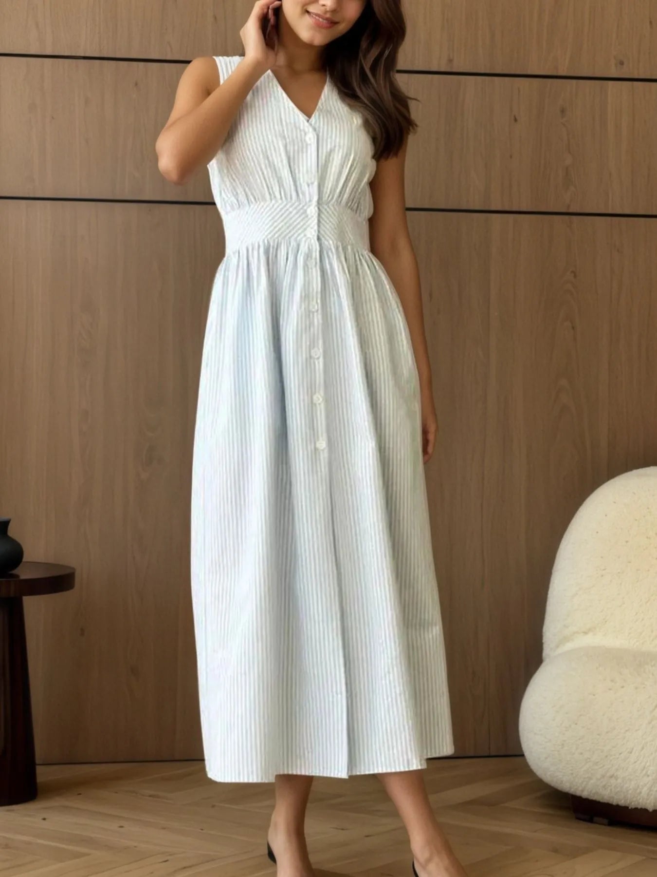 Striped V-Neck Sleeveless Midi Dress-Dresses-Trendsi-Light Blue-S-[option4]-[option5]-[option6]-[option7]-[option8]-Shop-Boutique-Clothing-for-Women-Online