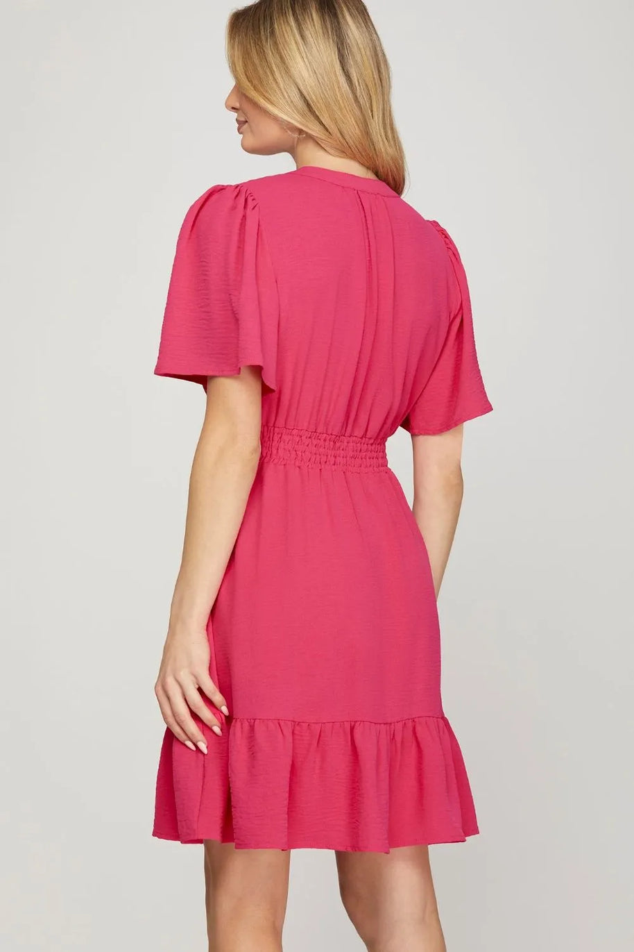 She + Sky Ruffled Hem Notched Flutter Sleeve Mini Dress-Dresses-Trendsi-[option4]-[option5]-[option6]-[option7]-[option8]-Shop-Boutique-Clothing-for-Women-Online