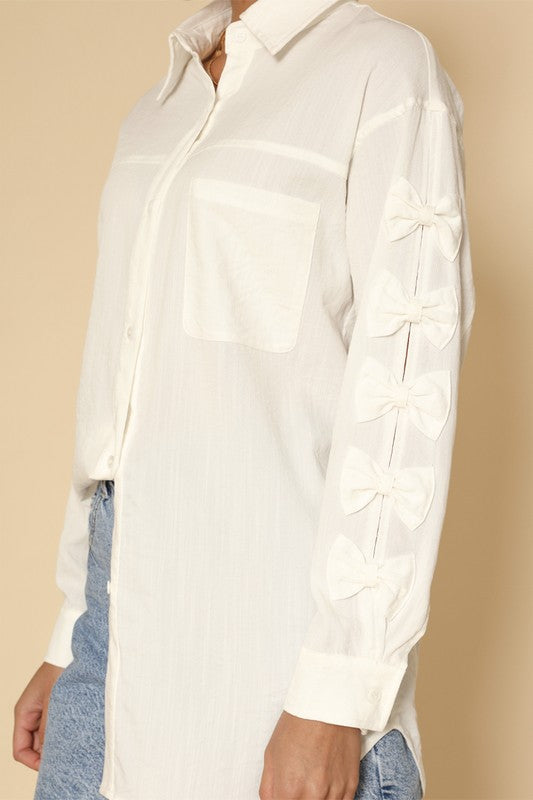 Bow sleeve button down shirt-Miss Sparkling-[option4]-[option5]-[option6]-[option7]-[option8]-Shop-Boutique-Clothing-for-Women-Online