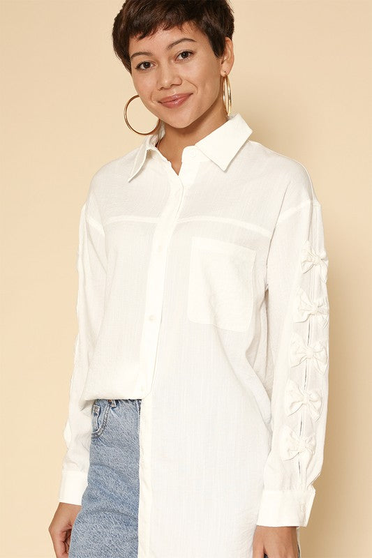 Bow sleeve button down shirt-Miss Sparkling-white-S-[option4]-[option5]-[option6]-[option7]-[option8]-Shop-Boutique-Clothing-for-Women-Online