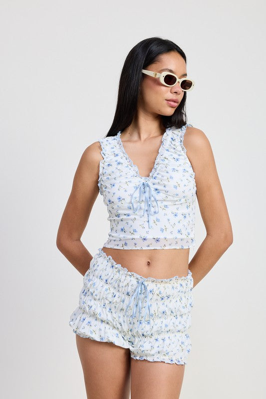 RUCHED FLORAL TOP WITH BOW DETAIL-Emory Park-BLUE WHITE FLORAL-S-[option4]-[option5]-[option6]-[option7]-[option8]-Shop-Boutique-Clothing-for-Women-Online