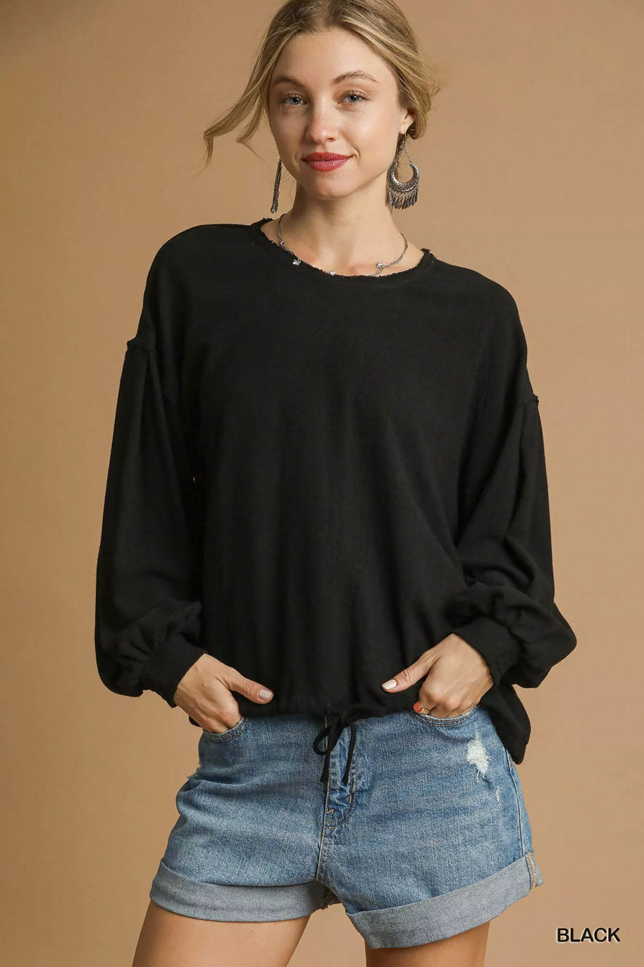 Umgee Full Size Linen Long Sleeve Top with Drawstring-Blouses-Trendsi-Black-S-[option4]-[option5]-[option6]-[option7]-[option8]-Shop-Boutique-Clothing-for-Women-Online