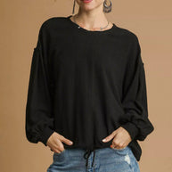 Umgee Full Size Linen Long Sleeve Top with Drawstring-Blouses-Trendsi-Black-S-[option4]-[option5]-[option6]-[option7]-[option8]-Shop-Boutique-Clothing-for-Women-Online