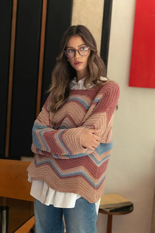 Annie Wear Multi Color Zig-Zag Round Neck Sweater-Sweaters-Trendsi-Rose Multicolor-S-[option4]-[option5]-[option6]-[option7]-[option8]-Shop-Boutique-Clothing-for-Women-Online