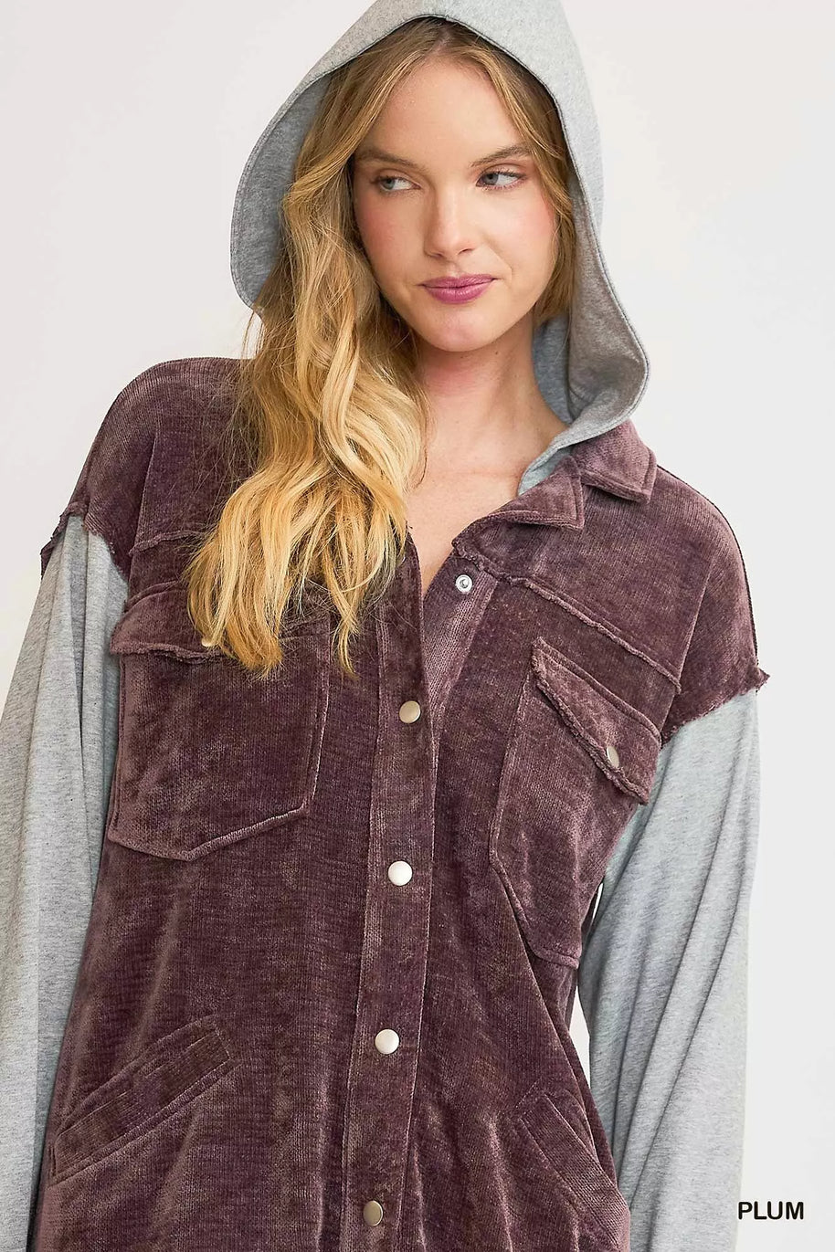 Umgee Contrast Hooded Chenille Jacket-Coats & Jackets-Trendsi-[option4]-[option5]-[option6]-[option7]-[option8]-Shop-Boutique-Clothing-for-Women-Online