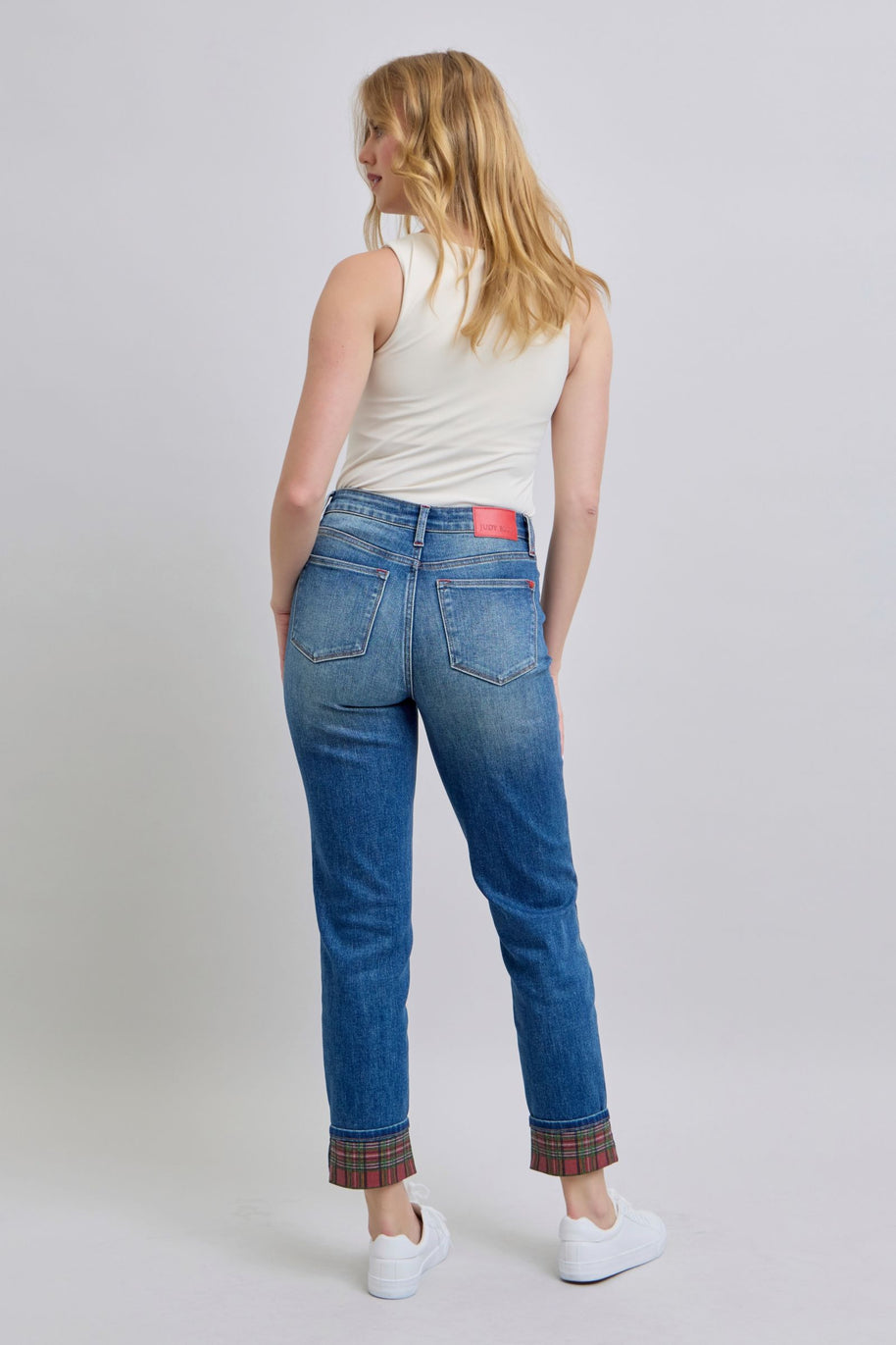 Judy Blue Plaid Print Cuff Boyfriend Fit Jeans-Trendsi-[option4]-[option5]-[option6]-[option7]-[option8]-Shop-Boutique-Clothing-for-Women-Online
