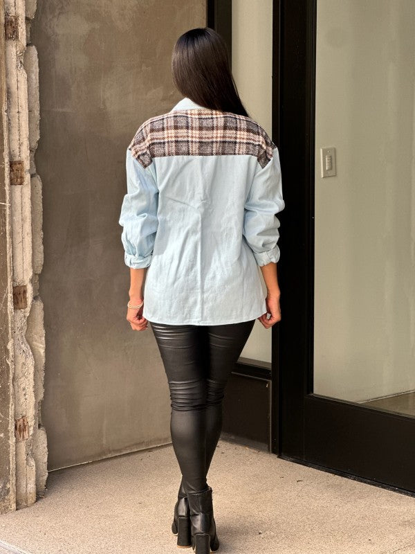 Oversized Denim & Plaid Print Jacket Top-ACG Los Angeles-Light Blue-S-[option4]-[option5]-[option6]-[option7]-[option8]-Shop-Boutique-Clothing-for-Women-Online