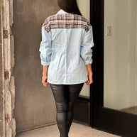 Oversized Denim & Plaid Print Jacket Top-ACG Los Angeles-Light Blue-S-[option4]-[option5]-[option6]-[option7]-[option8]-Shop-Boutique-Clothing-for-Women-Online