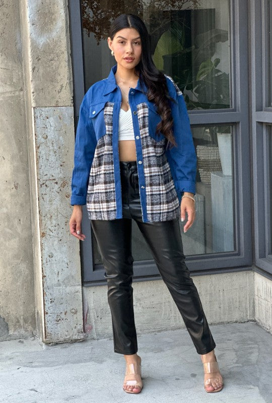 Oversized Denim & Plaid Print Jacket Top-ACG Los Angeles-Dark Blue-S-[option4]-[option5]-[option6]-[option7]-[option8]-Shop-Boutique-Clothing-for-Women-Online