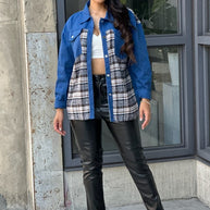 Oversized Denim & Plaid Print Jacket Top-ACG Los Angeles-Dark Blue-S-[option4]-[option5]-[option6]-[option7]-[option8]-Shop-Boutique-Clothing-for-Women-Online