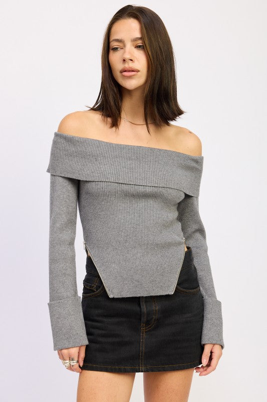 RIBBED OFF SHOULDER SWEATER WITH ZIPPER-Emory Park-CHARCOAL GREY-S-[option4]-[option5]-[option6]-[option7]-[option8]-Shop-Boutique-Clothing-for-Women-Online