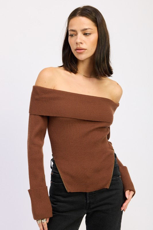 RIBBED OFF SHOULDER SWEATER WITH ZIPPER-Emory Park-DARK CHOCOLATE-S-[option4]-[option5]-[option6]-[option7]-[option8]-Shop-Boutique-Clothing-for-Women-Online