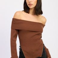 RIBBED OFF SHOULDER SWEATER WITH ZIPPER-Emory Park-DARK CHOCOLATE-S-[option4]-[option5]-[option6]-[option7]-[option8]-Shop-Boutique-Clothing-for-Women-Online