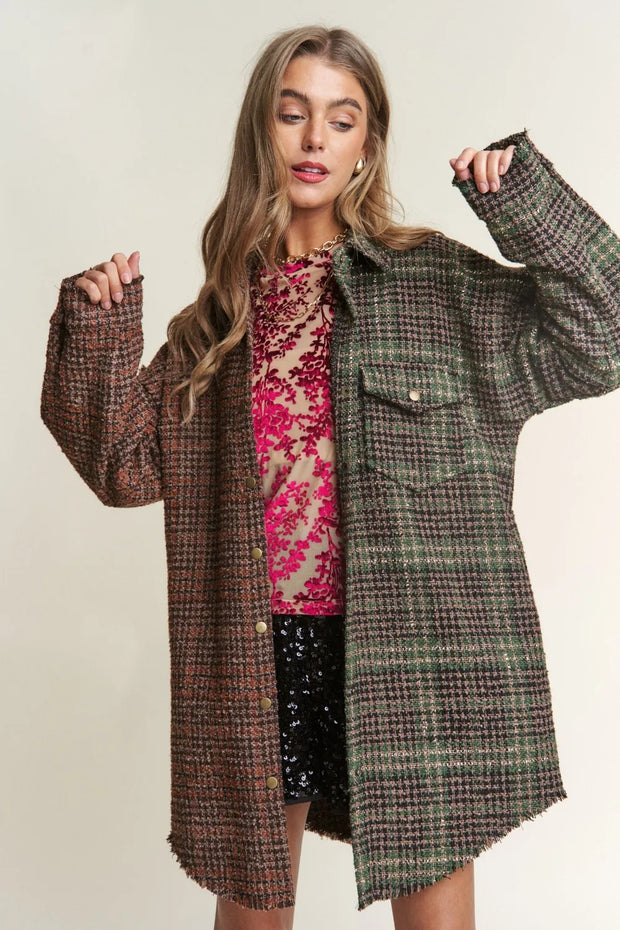 J.NNA Snap Down Tweed Plaid Contrast Longline Shacket-Womens Outerwear/Shacket-Trendsi-Misty Forest-S-[option4]-[option5]-[option6]-[option7]-[option8]-Shop-Boutique-Clothing-for-Women-Online