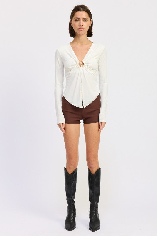 LONG SLEEVE FRONT RING RUCHED TOP-Emory Park-[option4]-[option5]-[option6]-[option7]-[option8]-Shop-Boutique-Clothing-for-Women-Online