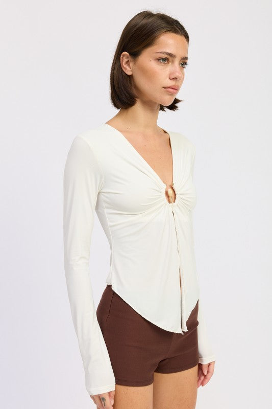 LONG SLEEVE FRONT RING RUCHED TOP-Emory Park-[option4]-[option5]-[option6]-[option7]-[option8]-Shop-Boutique-Clothing-for-Women-Online