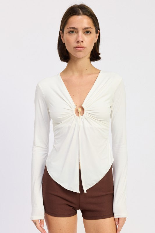 LONG SLEEVE FRONT RING RUCHED TOP-Emory Park-[option4]-[option5]-[option6]-[option7]-[option8]-Shop-Boutique-Clothing-for-Women-Online