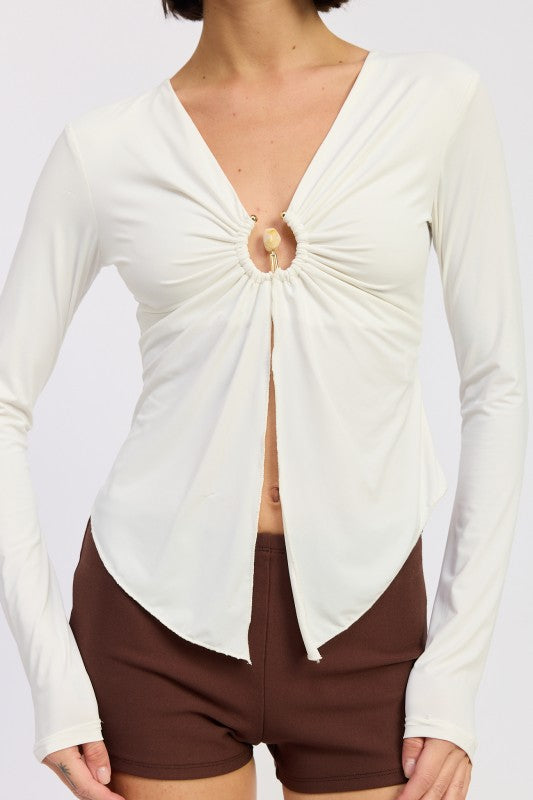 LONG SLEEVE FRONT RING RUCHED TOP-Emory Park-[option4]-[option5]-[option6]-[option7]-[option8]-Shop-Boutique-Clothing-for-Women-Online