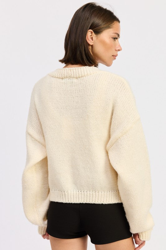 V NECK BUTTON FRONT APPLIQUE CARDIGAN-Emory Park-[option4]-[option5]-[option6]-[option7]-[option8]-Shop-Boutique-Clothing-for-Women-Online