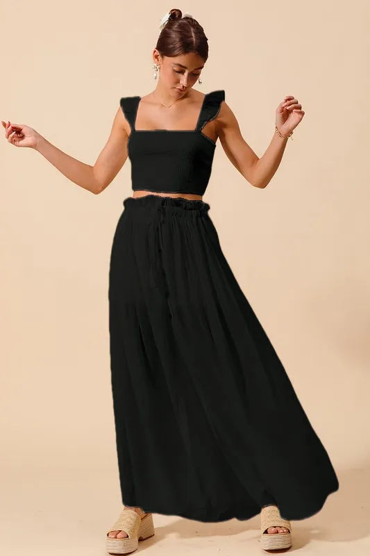 SO ME Smocked Top and Flowy Maxi Skirt Set-Sets-Trendsi-BLACK-S-[option4]-[option5]-[option6]-[option7]-[option8]-Shop-Boutique-Clothing-for-Women-Online
