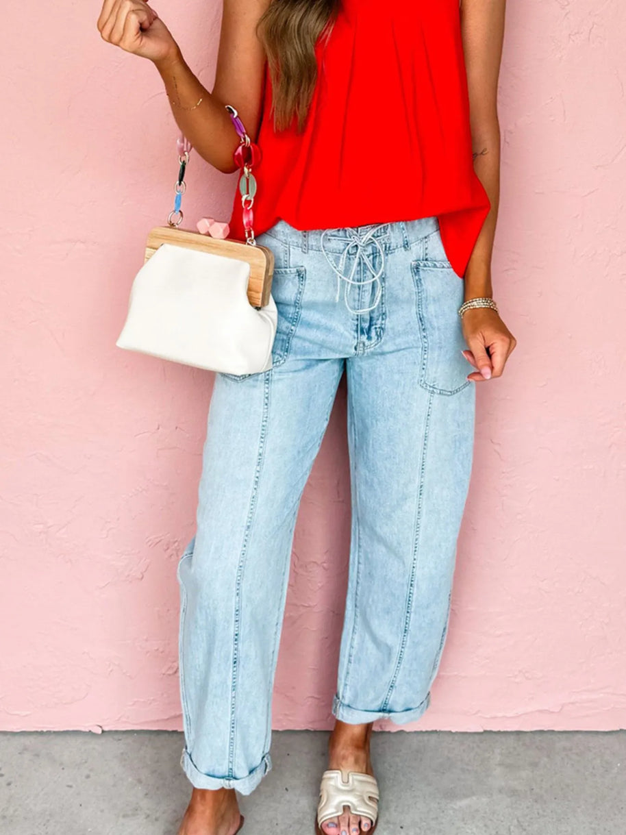 Drawstring Washed Relaxed Fit Boyfriend Jeans-Jeans-Trendsi-[option4]-[option5]-[option6]-[option7]-[option8]-Shop-Boutique-Clothing-for-Women-Online