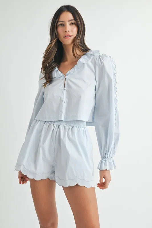 MABLE Long Sleeve Scallop Blouse and Shorts Set-Two Piece Shorts Sets-Trendsi-Lt Blue-S-[option4]-[option5]-[option6]-[option7]-[option8]-Shop-Boutique-Clothing-for-Women-Online