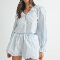 MABLE Long Sleeve Scallop Blouse and Shorts Set-Two Piece Shorts Sets-Trendsi-Lt Blue-S-[option4]-[option5]-[option6]-[option7]-[option8]-Shop-Boutique-Clothing-for-Women-Online