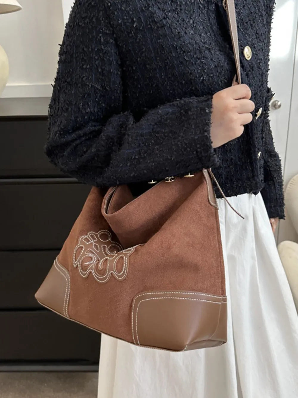 Suede Patch Adjustable Strap Tote Bag-Bags-Trendsi-[option4]-[option5]-[option6]-[option7]-[option8]-Shop-Boutique-Clothing-for-Women-Online