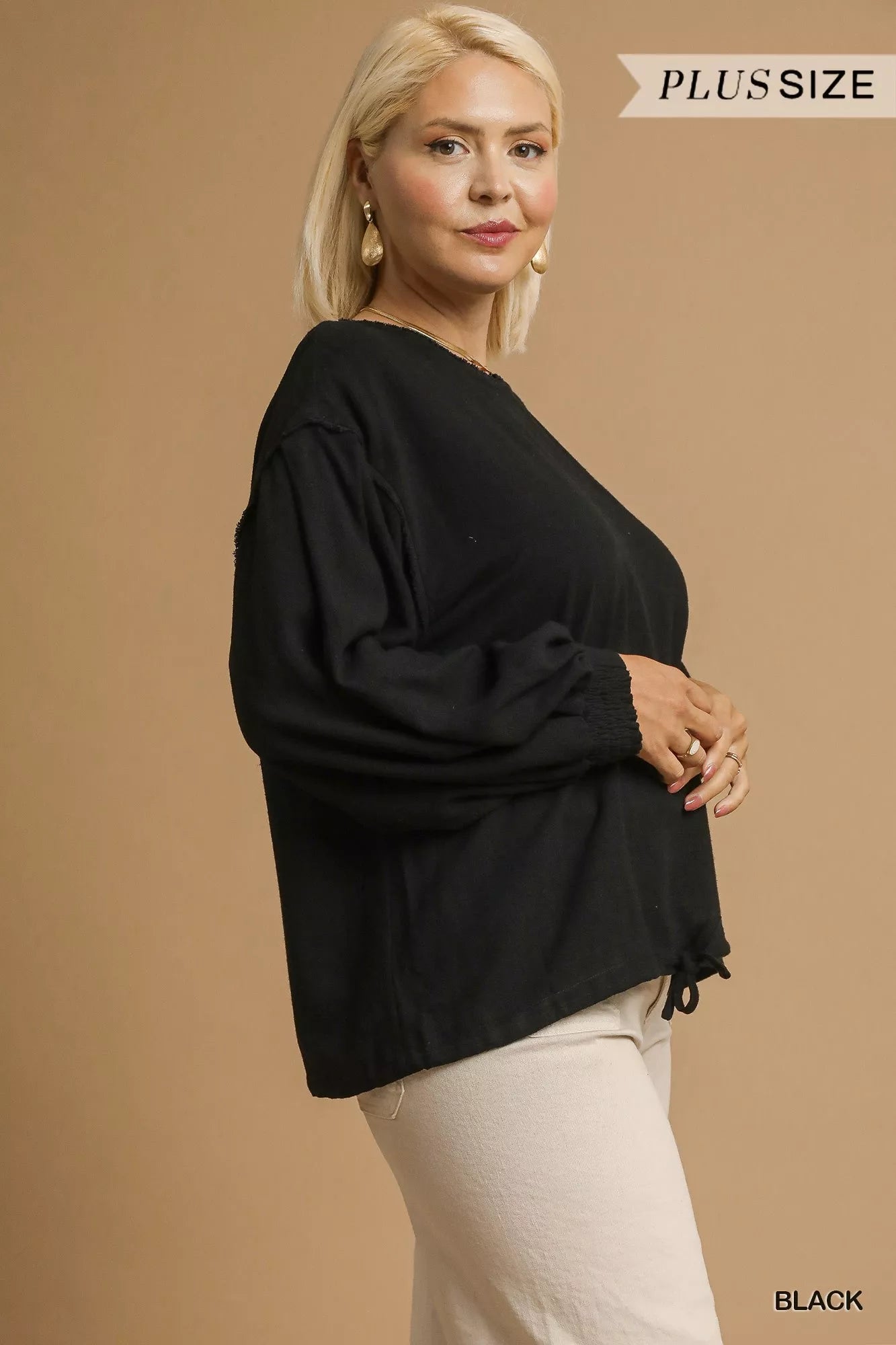 Umgee Full Size Linen Long Sleeve Top with Drawstring-Blouses-Trendsi-[option4]-[option5]-[option6]-[option7]-[option8]-Shop-Boutique-Clothing-for-Women-Online